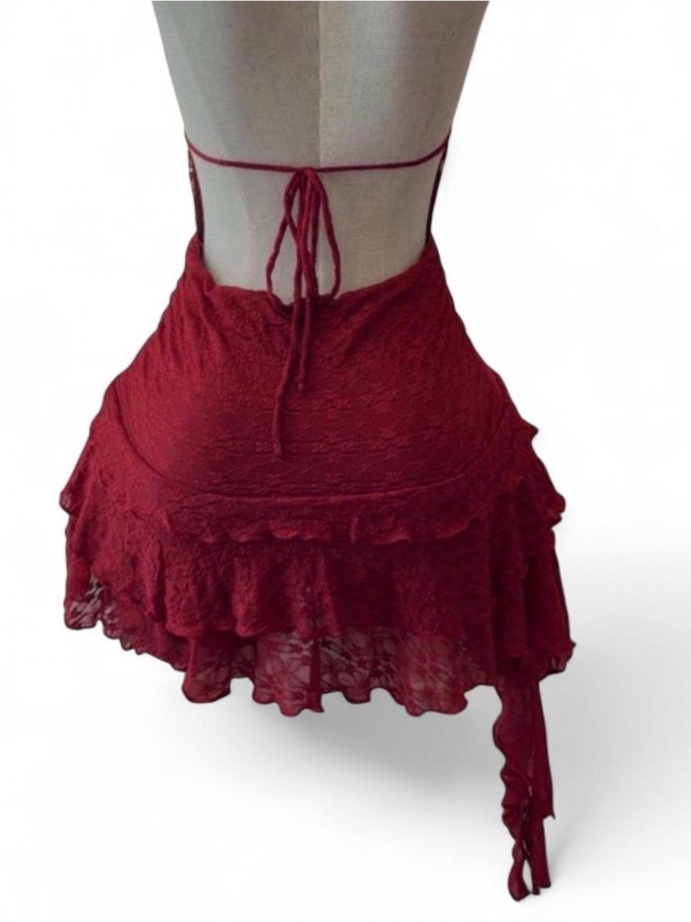 Red Lace Halter Mini Dress with Ruffle Hem - Picture 3 of 7